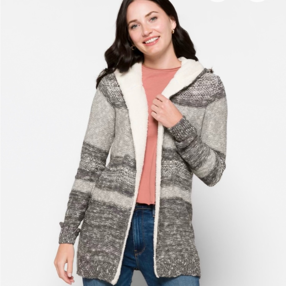 Gray and White Striped Open-Front Cardigan - Picture 5 of 5